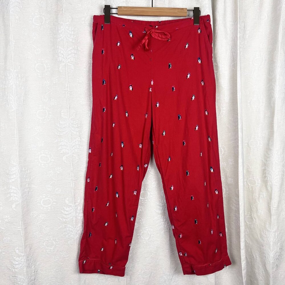 Talbots cotton flannel sleep set red Dancing Penguins print pajamas top pants M - Picture 7 of 11